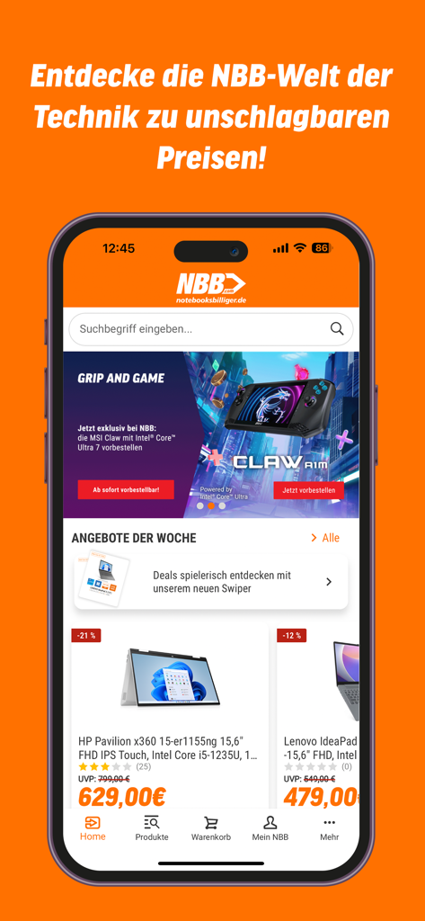 Pantalla de inicio de la aplicación de compras NBB con ofertas de portátiles y tecnología