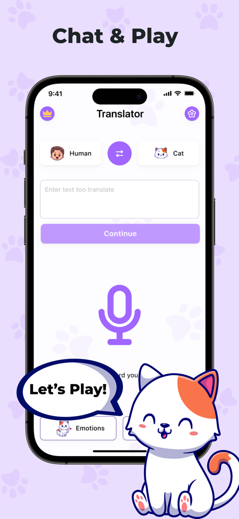 Interfaz de la aplicación Traductor de Gatos que muestra la pantalla de traducción de humano a miau con un gran icono de micrófono y un gato de dibujos animados.