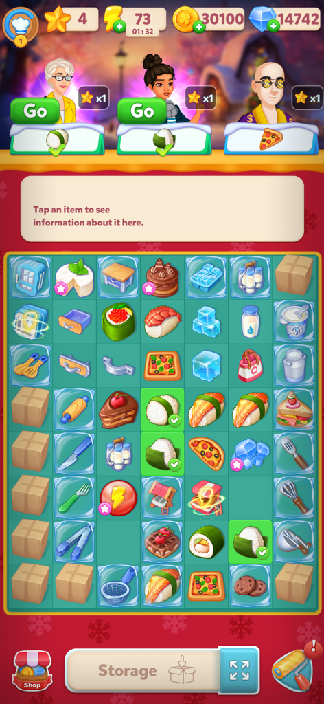Merge Craze: Merge & Design - A gameplay screenshot of Merge Craze showing a grid of mergeable food items and character orders at the top.