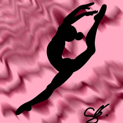 gymnast doing a leap in a leotard with a bent back leg