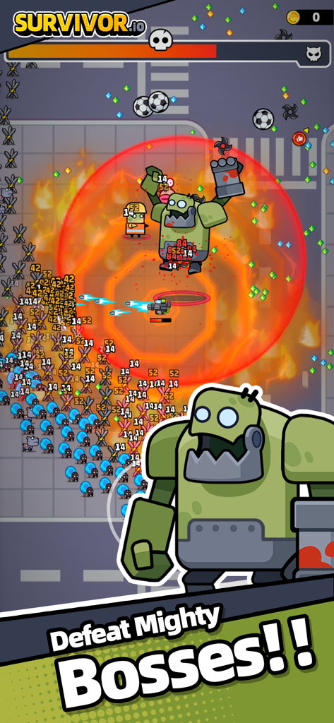 Survivor!.io - Survivor!.io gameplay showing a hero character battling a giant green zombie boss