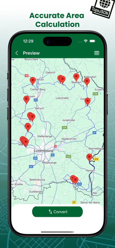 KML Viewer and Converter - Map interface with location markers showing accurate area calculation on a mobile device