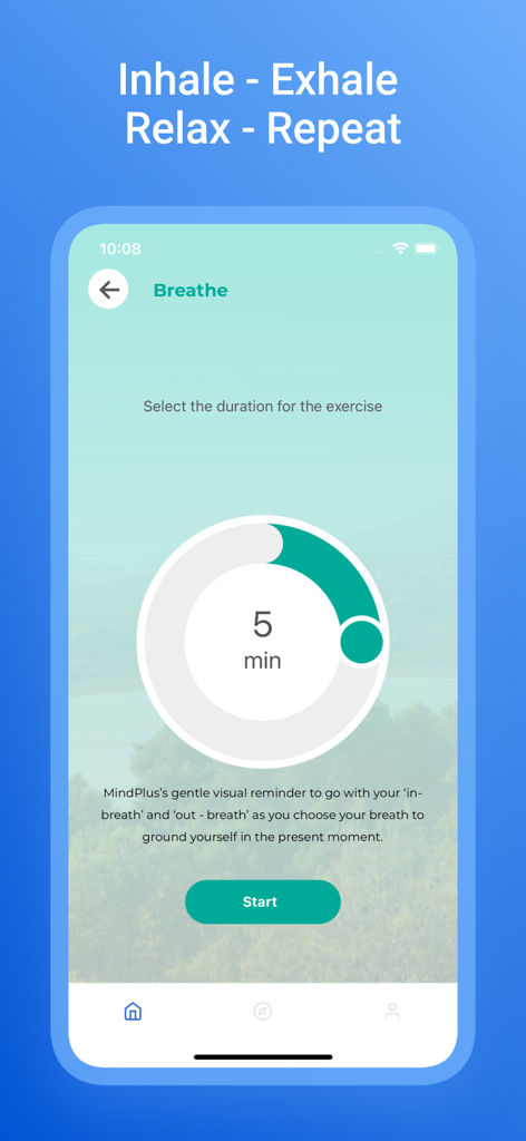 MindPlus - MindPlus app interface for a five-minute circular breathing exercise for relaxation