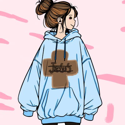 realistic girl with a oversized sweatshirt on and a bun