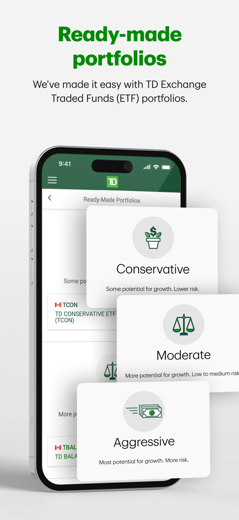 TD Easy Trade - TD Easy Trade app interface showing ready-made ETF portfolios for conservative moderate and aggressive risk levels