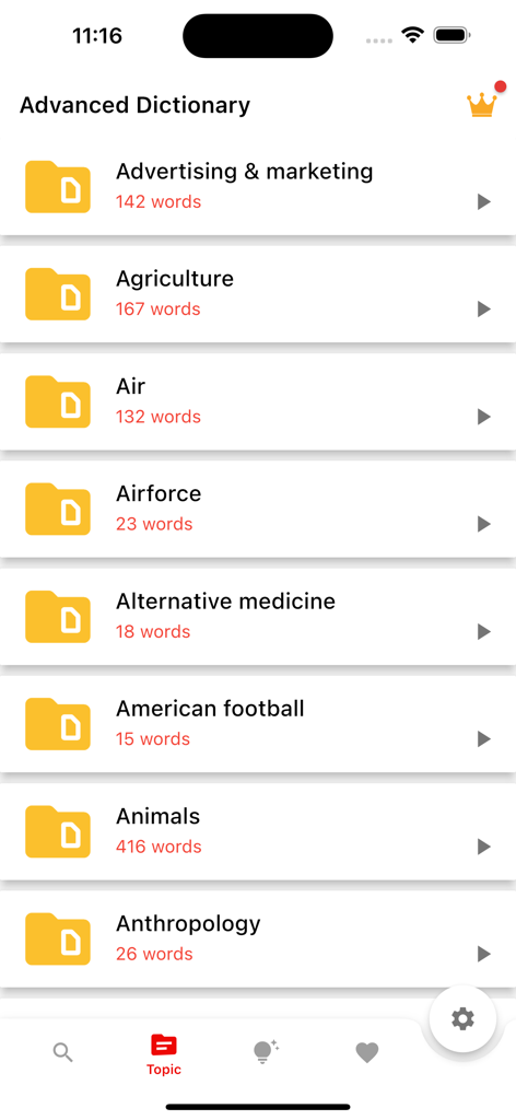English Dictionary - LDOCE 6th - A list of categorized vocabulary topics such as marketing and agriculture in the LDOCE 6th English Dictionary app.
