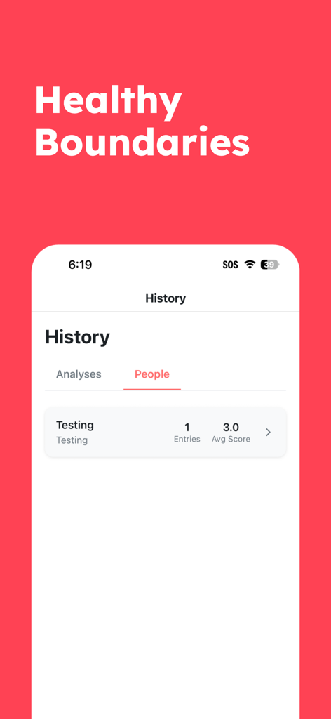 RedFlagAI - RedFlagAIアプリの画面。感情的な健康と健全な境界線について分析された人々の履歴が表示されています。