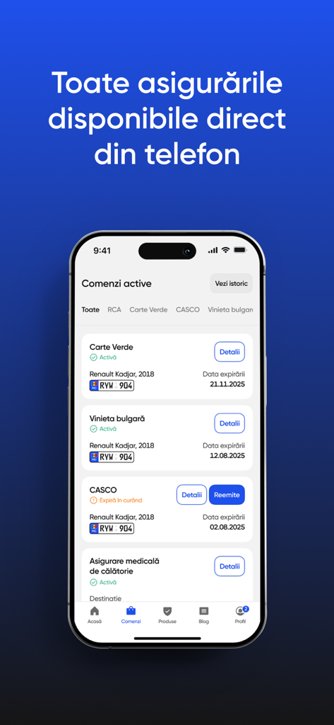 Omnis - Asigurări Online - Pantalla del smartphone mostrando pedidos activos de seguros de vehículos y tasas de circulación en la aplicación Omnis