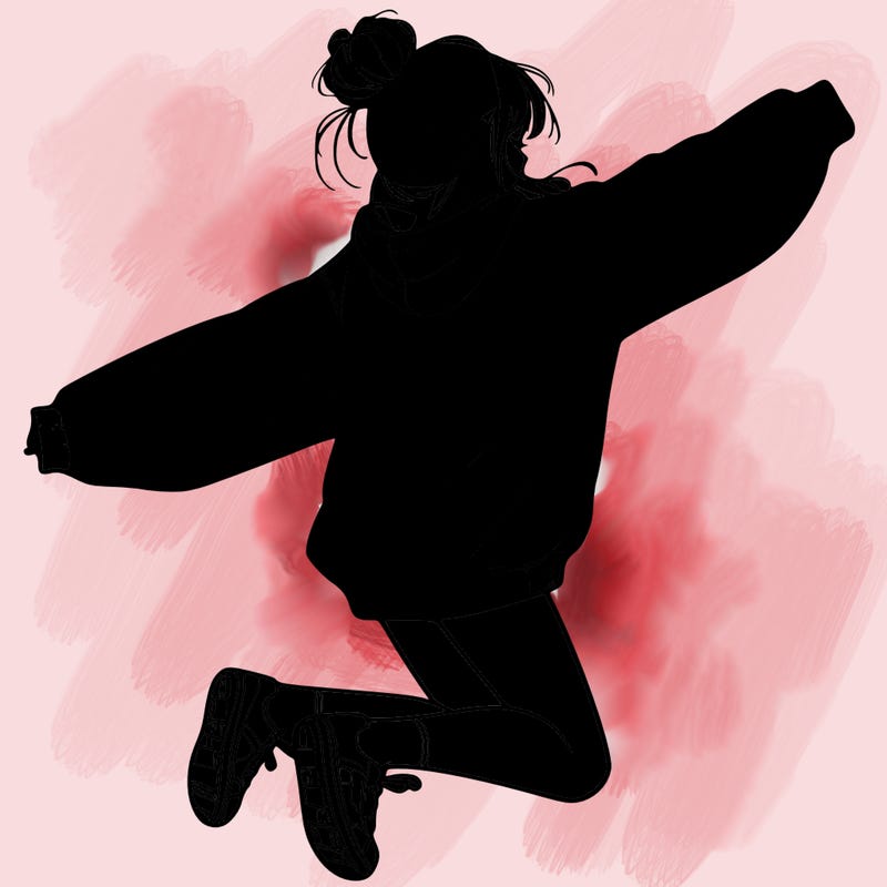 realistic girl jumping with a bun and oversized sweatshirt