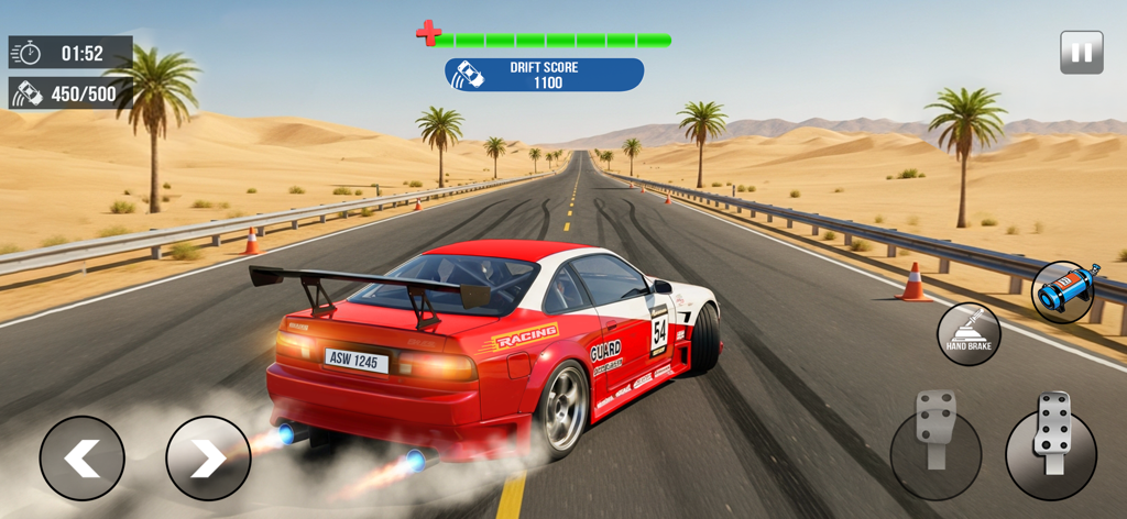 Extreme Car Drift Simulator 3D - Um carro esportivo vermelho e branco fazendo uma derrapagem em alta velocidade em uma estrada desértica em Extreme Car Drift Simulator 3D.