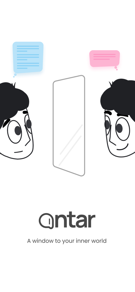 Antar chat - Ilustração do aplicativo de chat Antar de duas personas enfrentando uma janela representando um diálogo interno