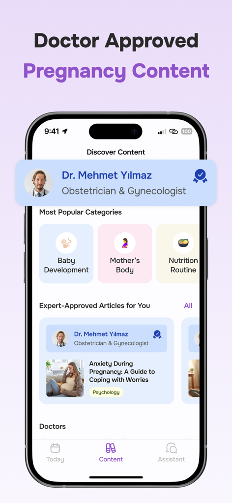 Pregnancy + Baby Tracker App - Clovy app screen showing doctor approved pregnancy content and expert articles