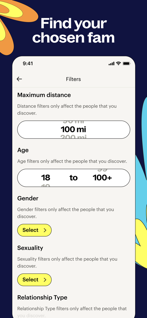 Lex: Queer Social LGBT Friends - Lex app search filters screen showing options for distance age gender and sexuality to find queer community members