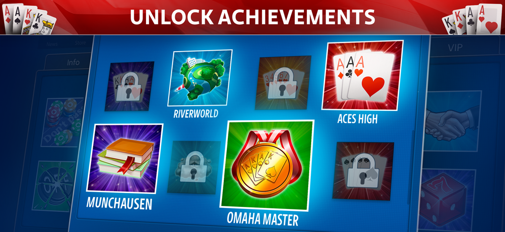 さまざまなバッジが表示されたオマハ・ポーカー：Pokeristの達成項目アンロック画面