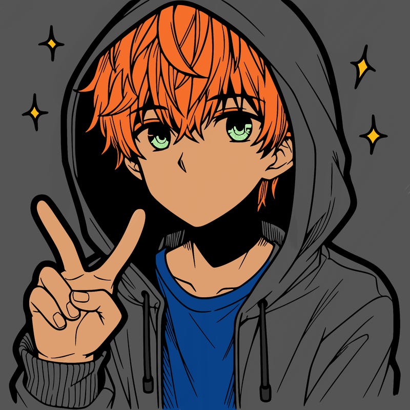 teenage manga boy in a hoodie, doing ✌