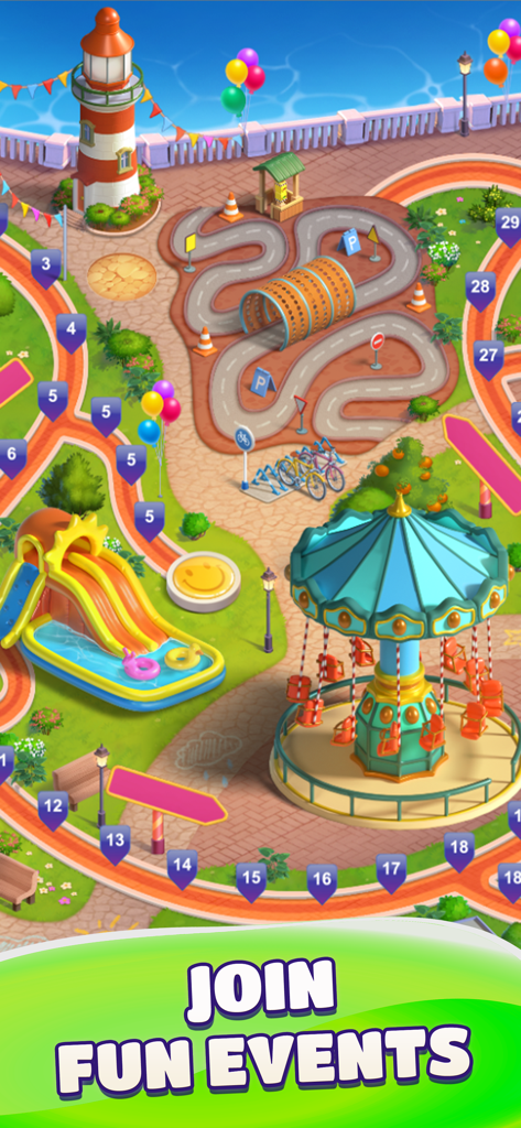 Gummy Drop! Match 3 Puzzles - A vibrant game map in Gummy Drop showing an amusement park with a carousel and lighthouse for special events.