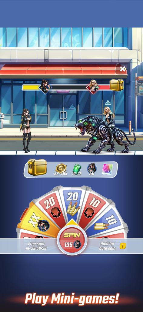 Captura de tela do jogo mobile Guns and Girls mostrando um minijogo com uma roleta de recompensas e personagens