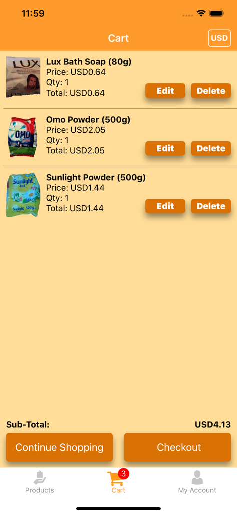 GhanaMart - Shopping cart in the GhanaMart app featuring grocery items like soap and detergent priced in USD