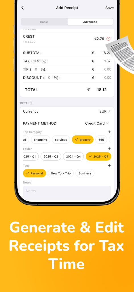 Receipto: Tax Receipt Scanner - Interface of the Receipto app showing options to edit receipt information and categories for tax purposes