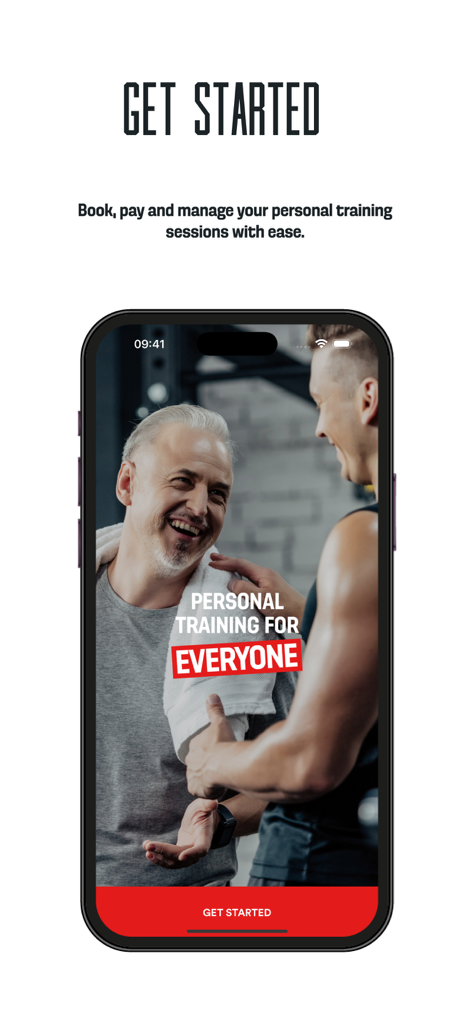 Everyone Active PT - A tela 'Começar' do aplicativo Everyone Active PT em um iPhone apresentando um personal trainer e cliente.