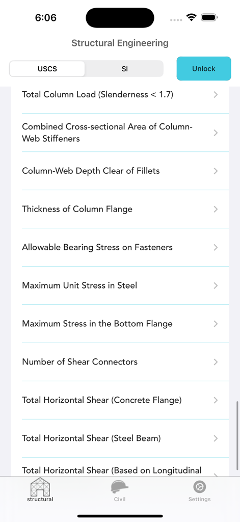 Structural Engineering lite - Structural Engineering lite app interface showing a list of structural analysis calculators and unit selection toggle