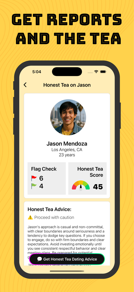 Tea App for Women: Honest - A screenshot of the Honest Tea app displaying a dating profile report with a safety score and red flag analysis.