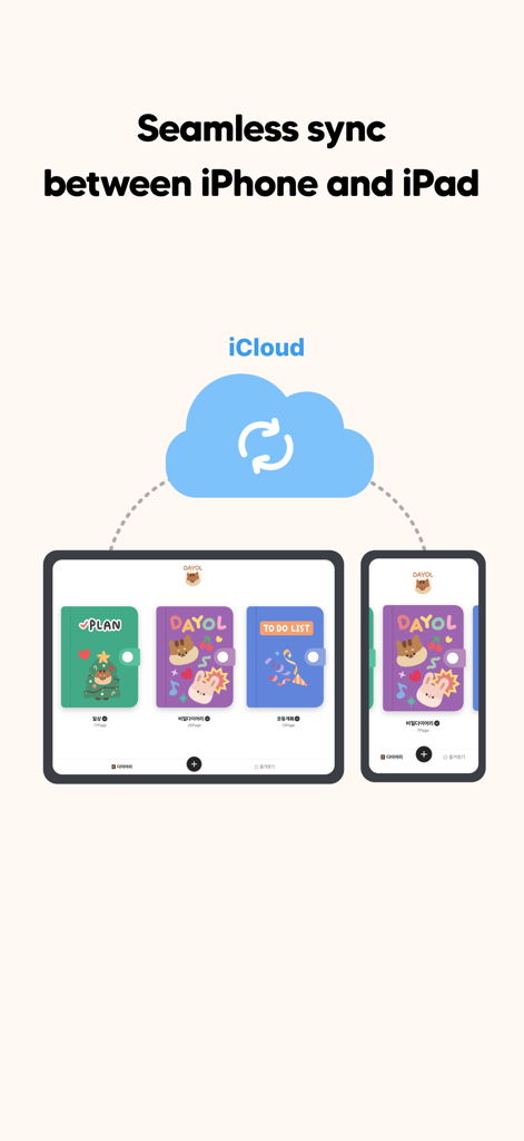 DAYOL : Journal, Calendar - A graphic showing the DAYOL journal app synchronizing between an iPhone and iPad via iCloud.