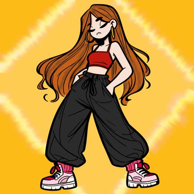 girl in baggy pants crop top and long hair