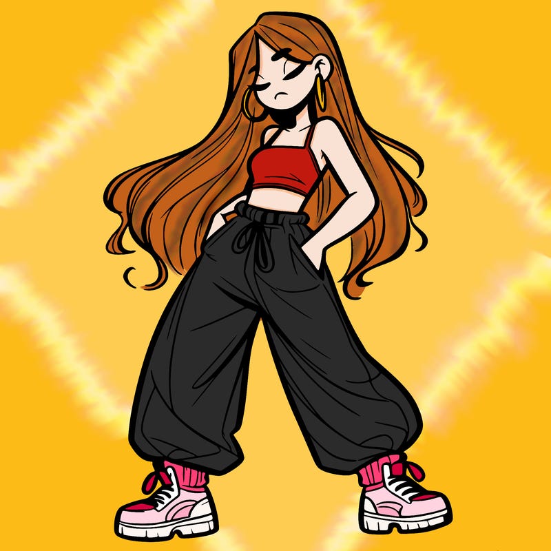 girl in baggy pants crop top and long hair