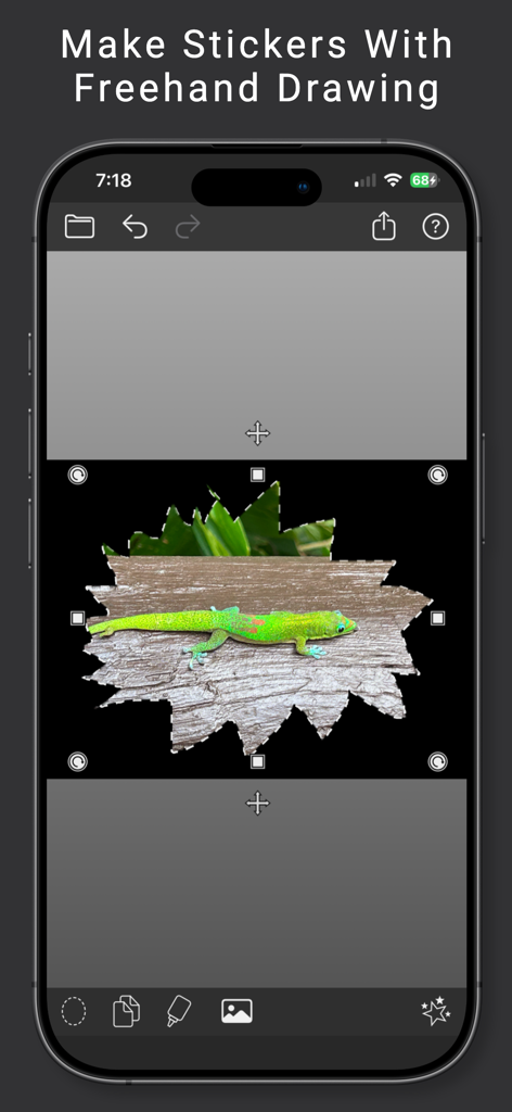 Facecopy: Face Swap Pic Editor - A screenshot of the Facecopy app interface showing the freehand drawing tool being used to create a sticker of a green lizard