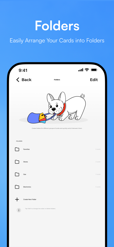 Interfaccia dell'app Keep Card che mostra le carte fedeltà organizzate in cartelle personalizzate