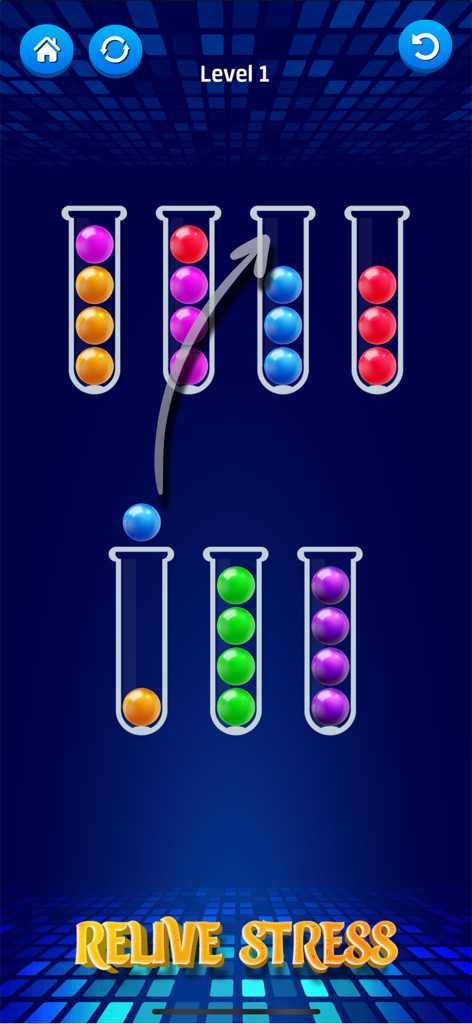 Ball Puzzle: Sort Color Balls - Captura de pantalla del juego móvil Ball Puzzle mostrando bolas de colores clasificándose en tubos para aliviar el estrés