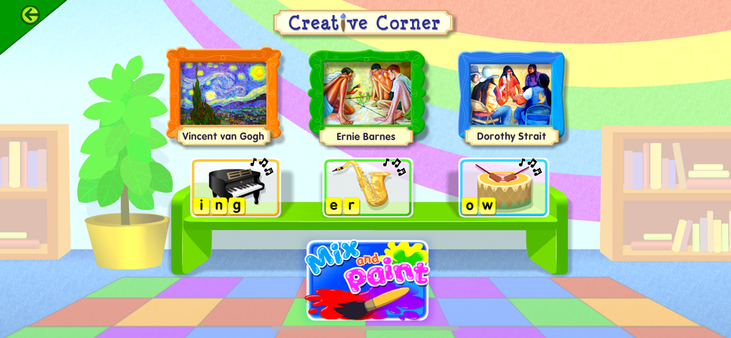 Starfall It's Fun to Read - La interfaz de Creative Corner en la aplicación Starfall con arte de artistas famosos e instrumentos musicales para el aprendizaje de fonética.