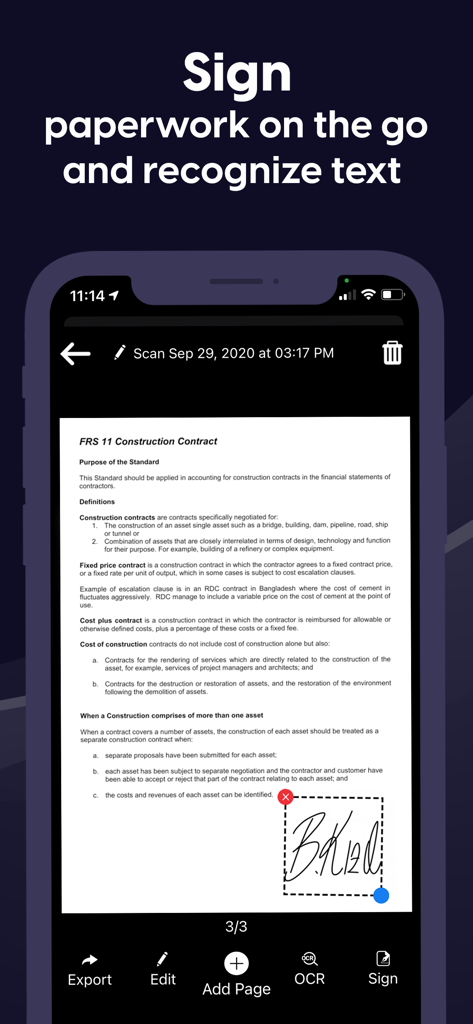 Benutzeroberfläche einer mobilen App, die zeigt, wie ein Benutzer eine digitale Unterschrift zu einem Vertrag hinzufügt