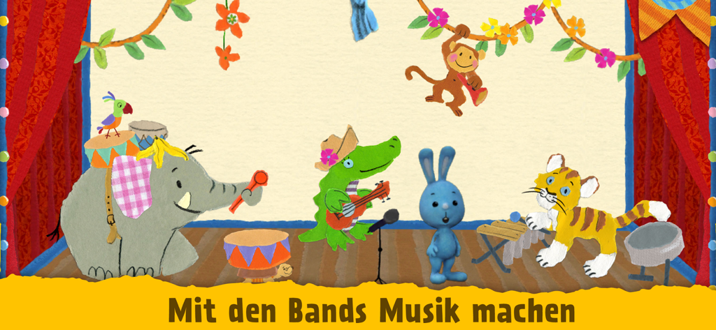 Kikaninchen and animal friends playing musical instruments on a stage
