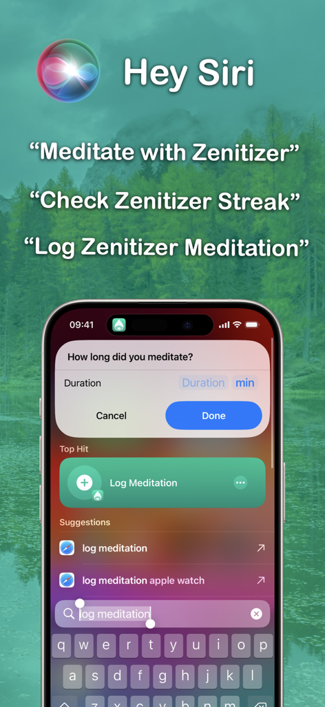 Meditation Timer - Zenitizer - Interfaz de la aplicación de meditación Zenitizer que muestra Atajos de Siri y opciones de comandos de voz para registrar sesiones.