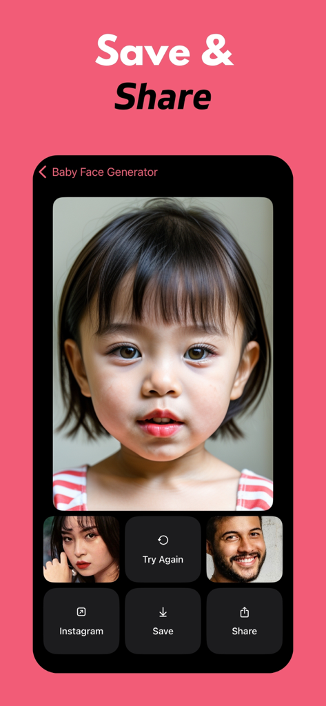 Baby Face Generator: AI Future - Results screen of the Baby Face Generator app showing a generated baby face with options to save or share to Instagram