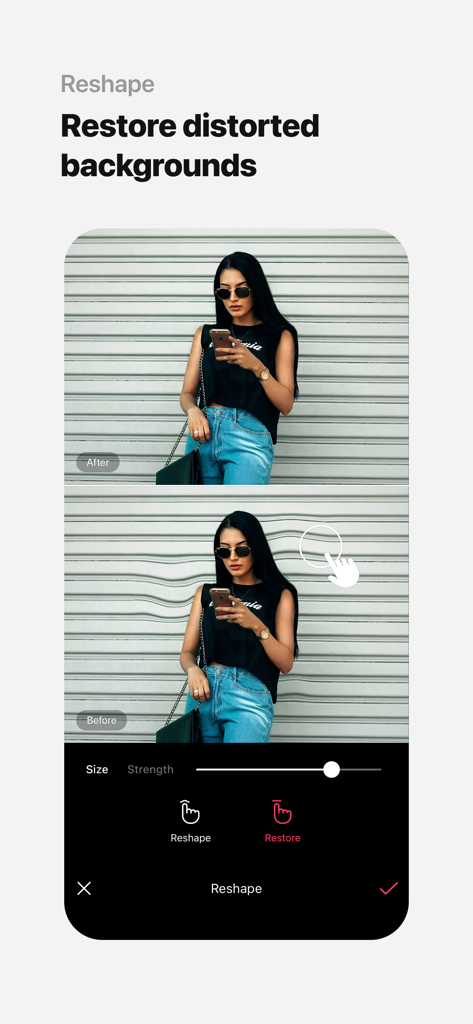 Comparaison avant et après l'utilisation de l'outil Remodeler de l'application EPIK pour corriger un arrière-plan déformé sur une photo