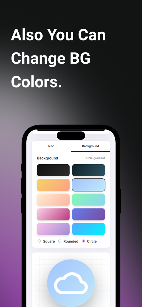 LogoSwift - Logo Maker - Una interfaz móvil de LogoSwift mostrando una variedad de paletas de colores y opciones de formas para personalizar el fondo de un logo
