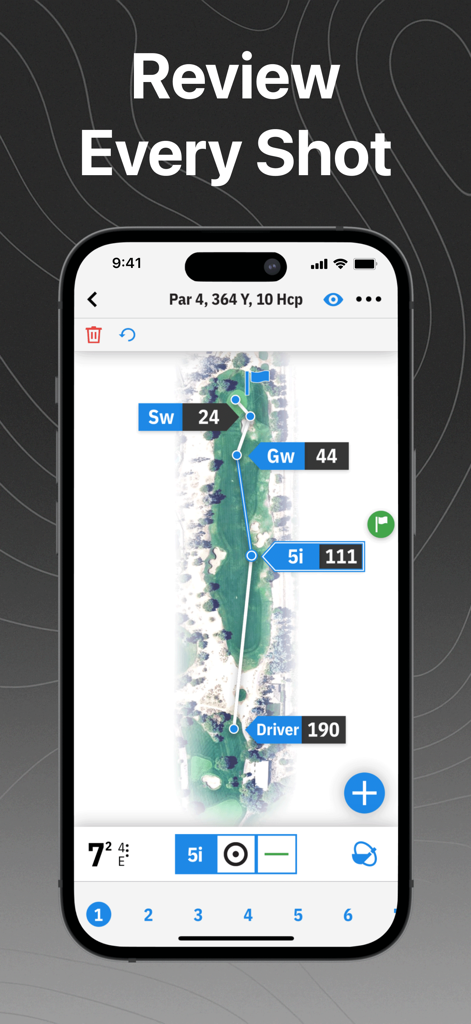 Golfshot app interface showing tracked shots on a golf course map with club distances
