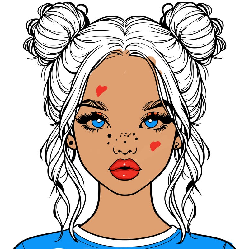 realistic girl with two buns in hair and lips