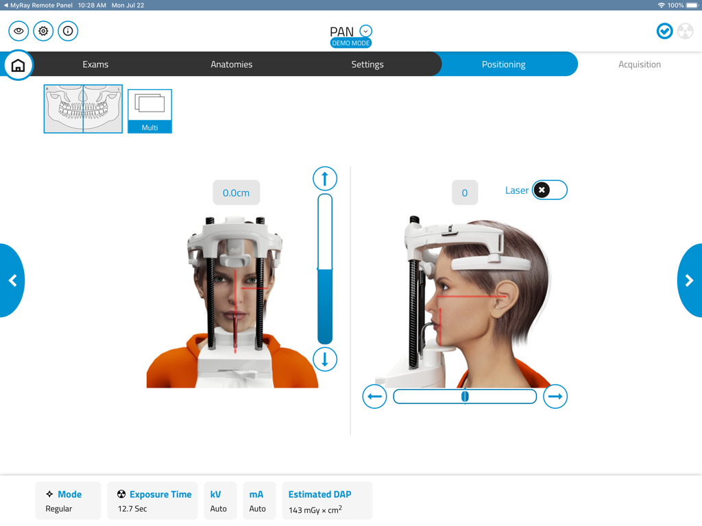 Interface de posicionamento do paciente no aplicativo NewTom Control Pad para imagem odontológica