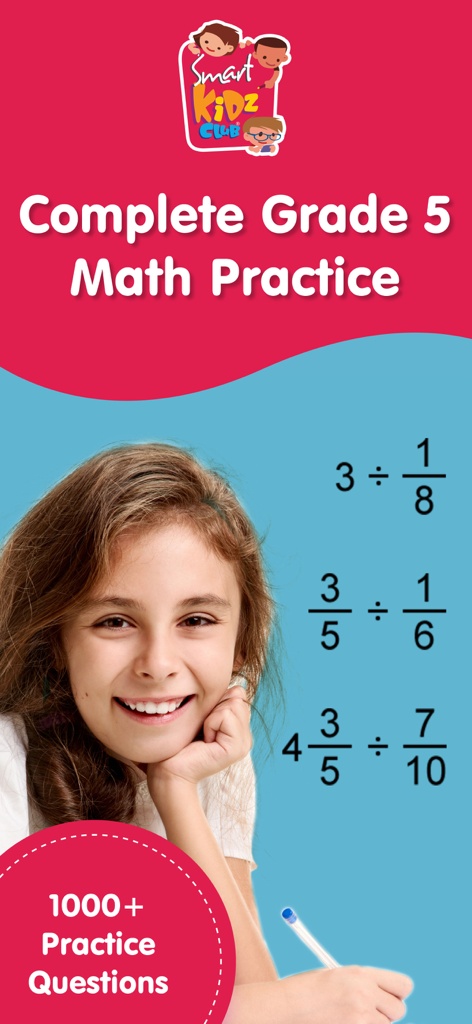 Math Games for 5th Grade Kids - A young girl smiling next to fraction division problems for 5th grade math practice