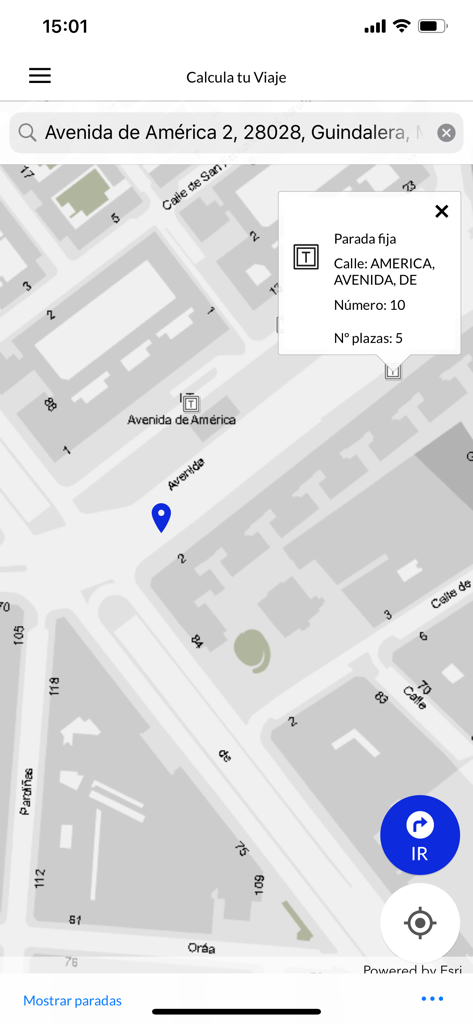 TxMad 앱의 지도 보기로, 마드리드의 고정 택시 승차대 위치를 보여줍니다.