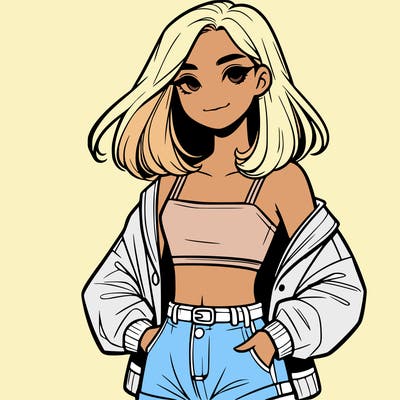 a realistic girl with a crop top and short shorts in an open jacket