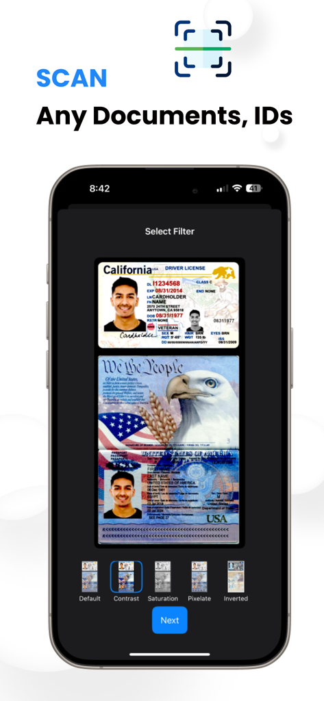 Mobile application interface showing a scanned driver license and document filters