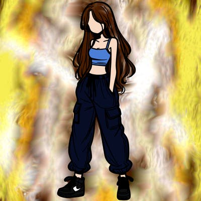 girl in baggy pants crop top and long hair