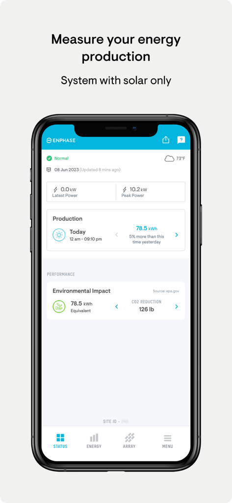 Enphase Enlighten - Enphase Enlighten app dashboard showing solar energy production and environmental impact metrics on a smartphone.