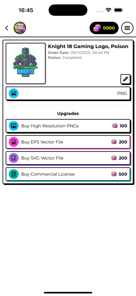 Mobile screen showing upgrade options for a completed esports logo including high resolution PNG and vector files.