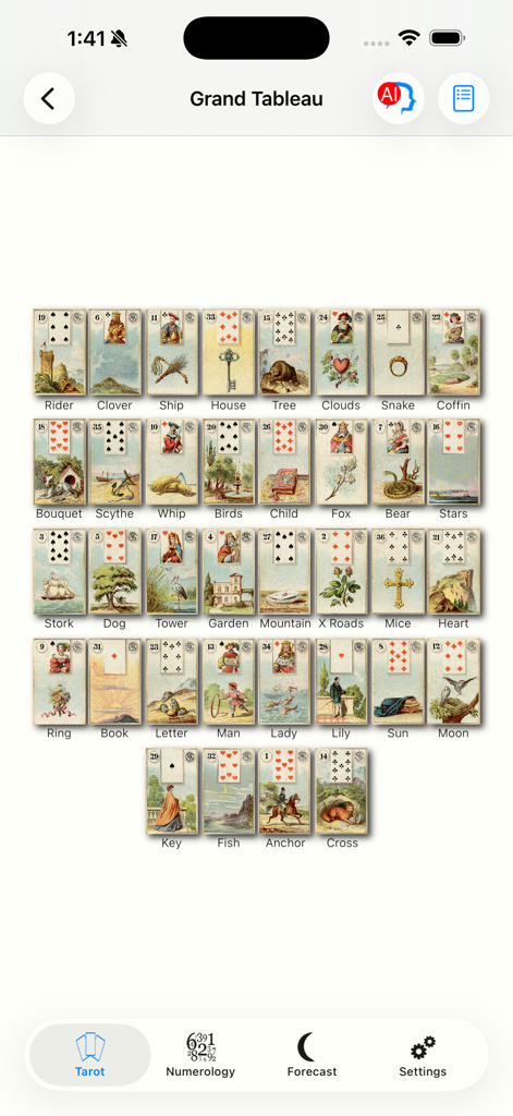 Tarot & Numerology - Una tirada de Gran Tableau con treinta y seis cartas Lenormand en la interfaz de la aplicación Tarot y Numerología
